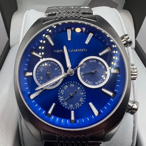 Vince Camuto Men's Watch Steel Blue Face Silver Case Working NIB! - Picture 2 of 8